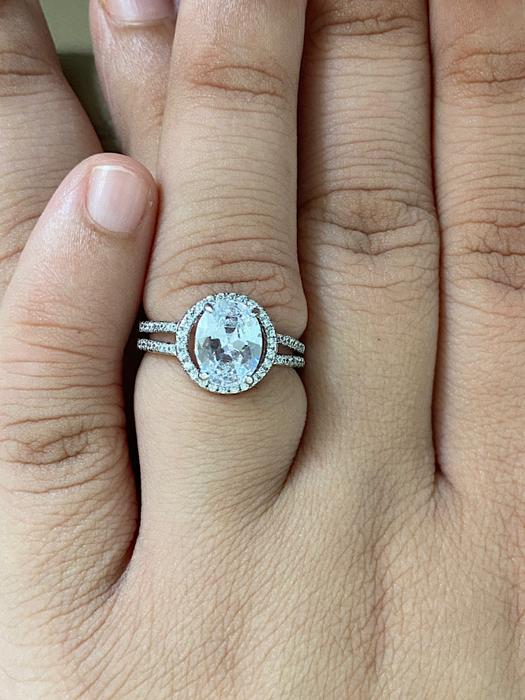 Oval Solitaire Double Line Silver Ring