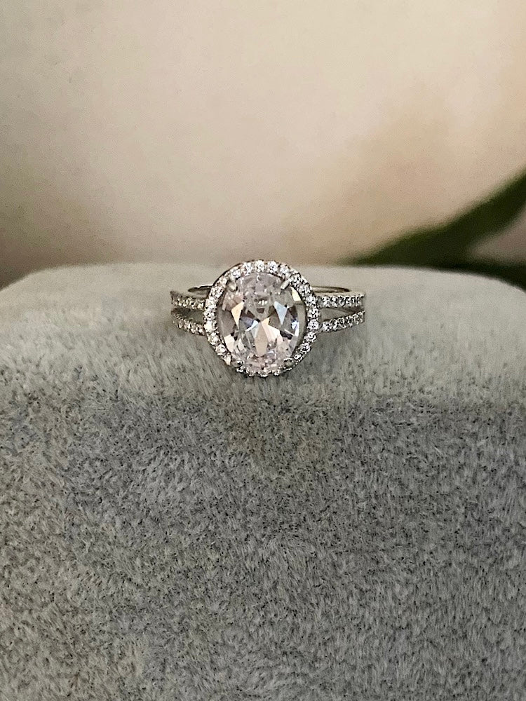 Oval Solitaire Double Line Silver Ring