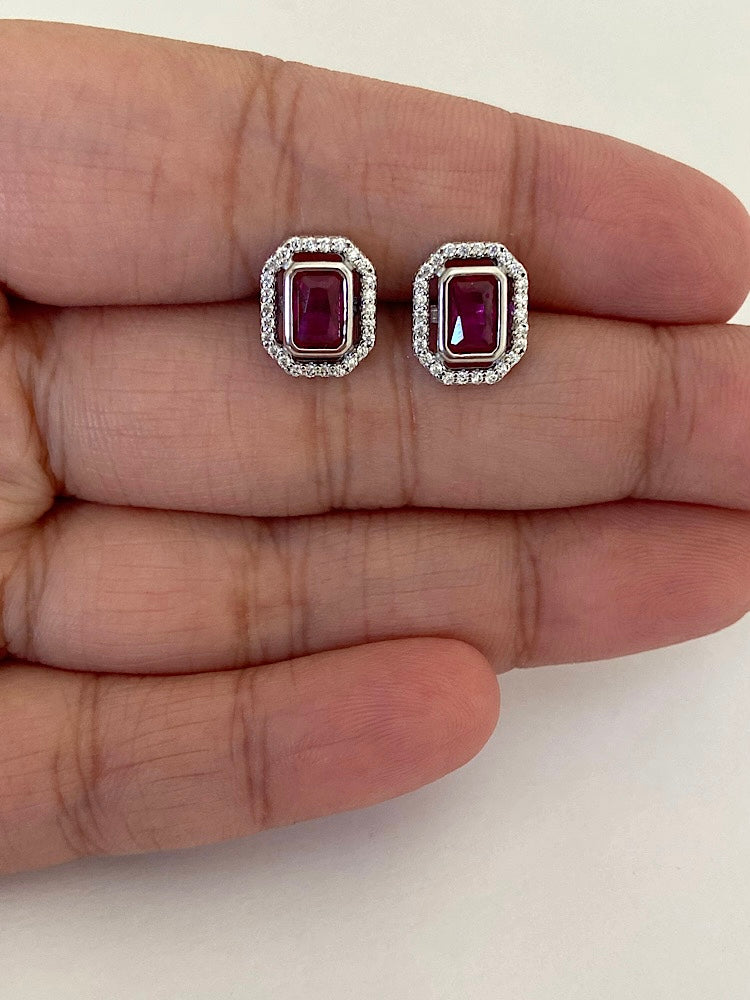 Emerald Dark Pink Sterling Silver Studs Earrings