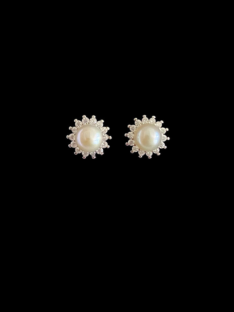 Round Pearl Sterling Silver Earrings