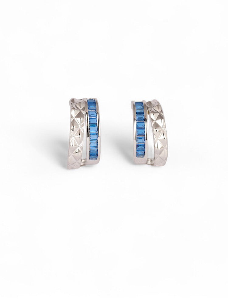 Blue Half Hoop Silver Textured Earrings