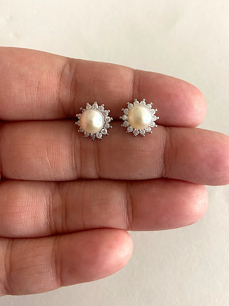 Round Pearl Sterling Silver Earrings