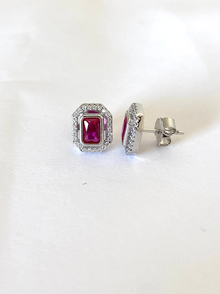 Emerald Dark Pink Sterling Silver Studs Earrings
