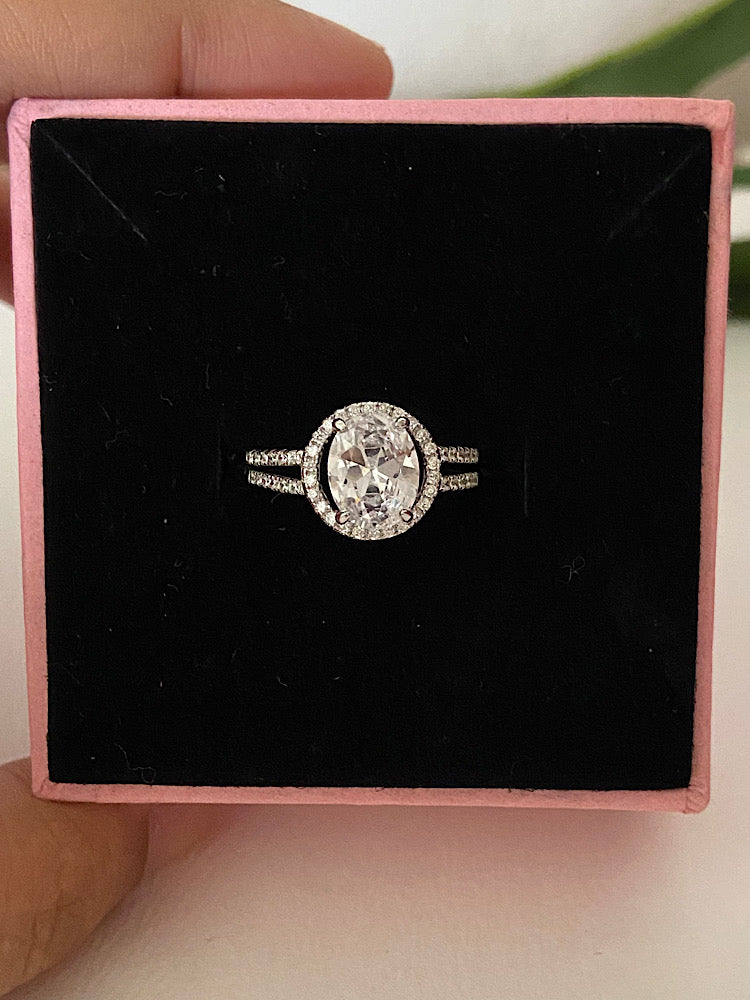 Oval Solitaire Double Line Silver Ring
