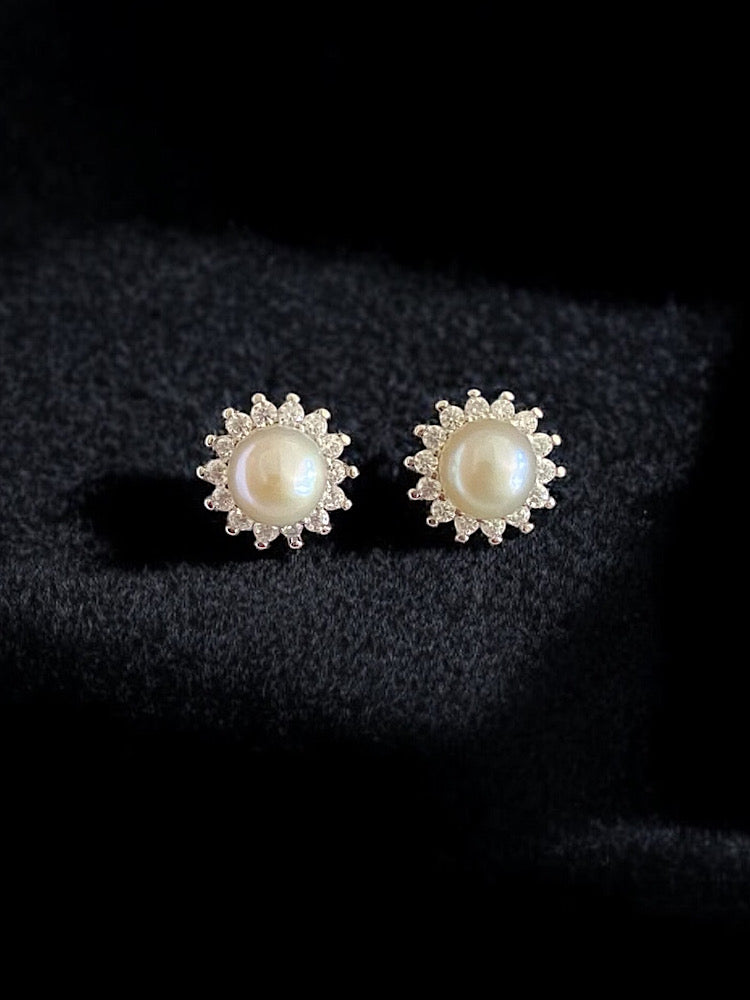 Round Pearl Sterling Silver Earrings