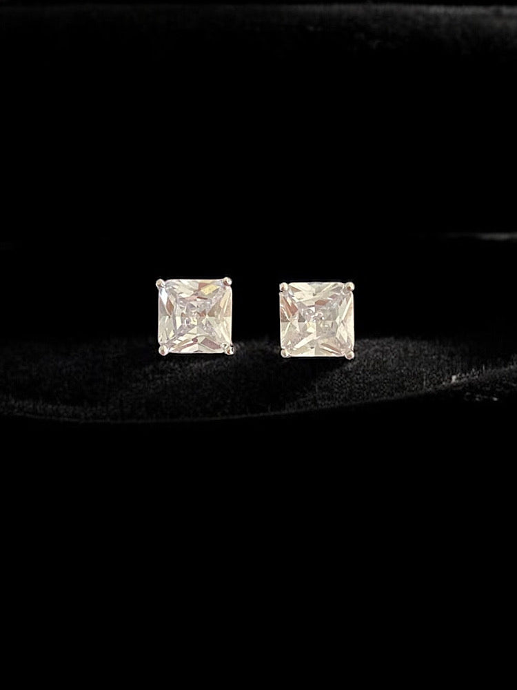 Princess Cut Sterling Silver Solitaire Studs With Screw Back