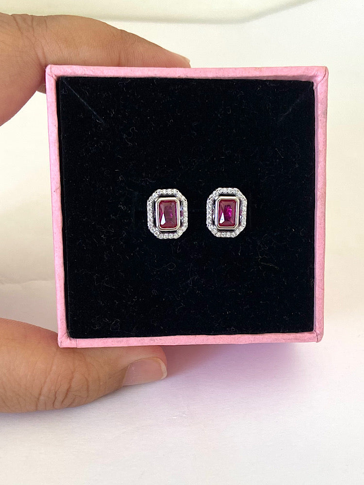 Emerald Dark Pink Sterling Silver Studs Earrings