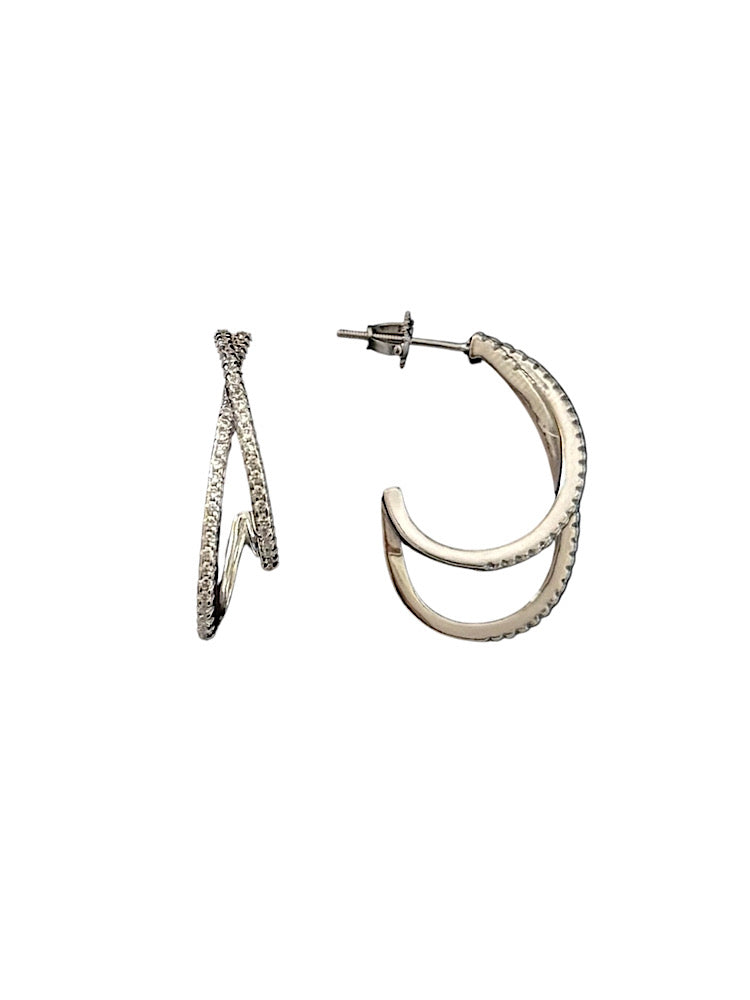 Studded J Shape Hoop Earrings Sterling Silver