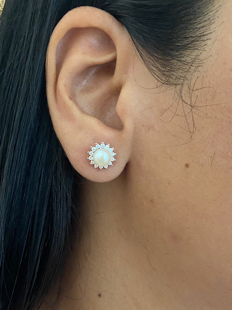 Round Pearl Sterling Silver Earrings