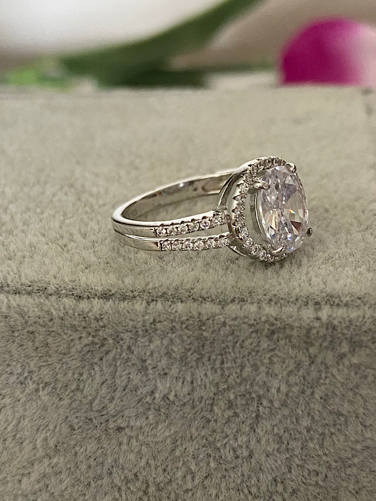 Oval Solitaire Double Line Silver Ring