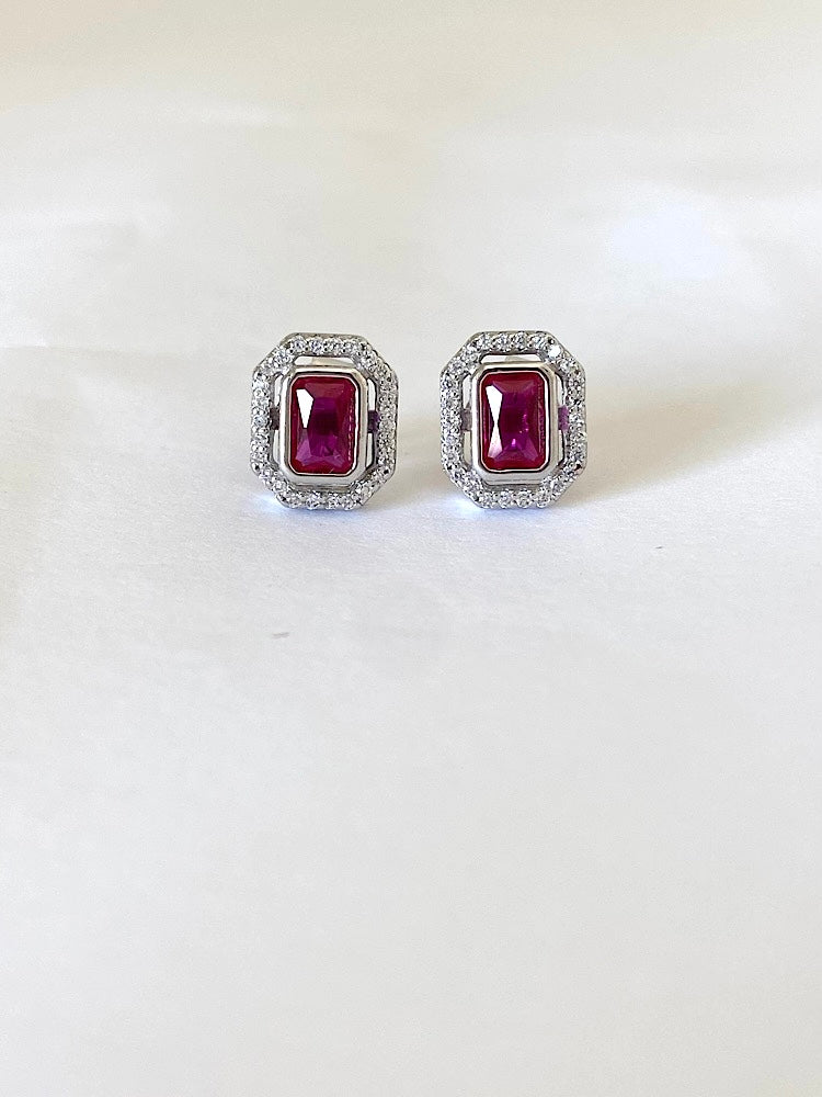 Emerald Dark Pink Sterling Silver Studs Earrings