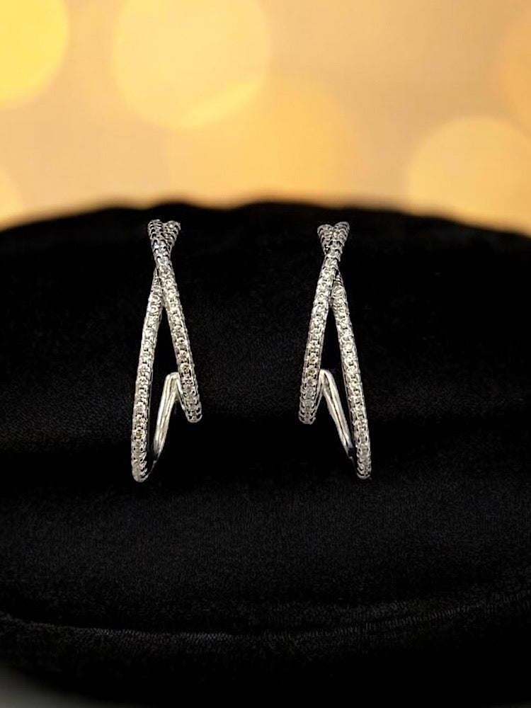 Studded J Shape Hoop Earrings Sterling Silver