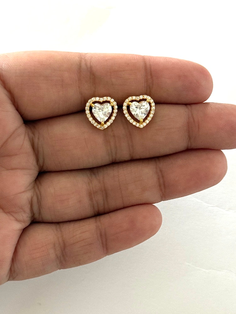 Gold Plated Sterling Silver Heart Solitaire Studs With Screw Back