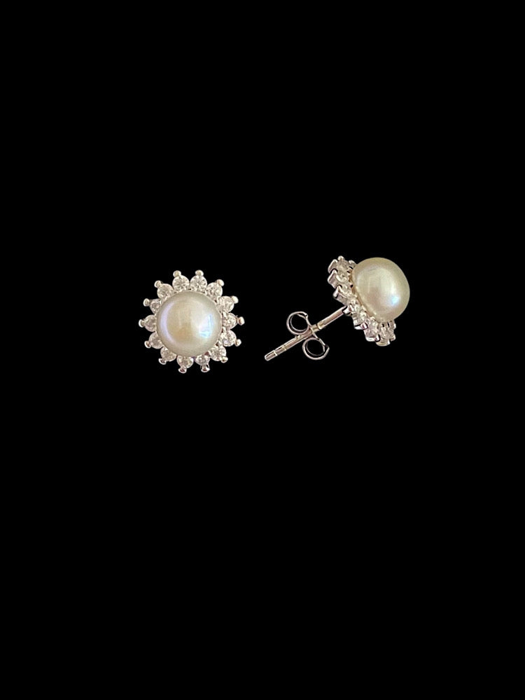 Round Pearl Sterling Silver Earrings