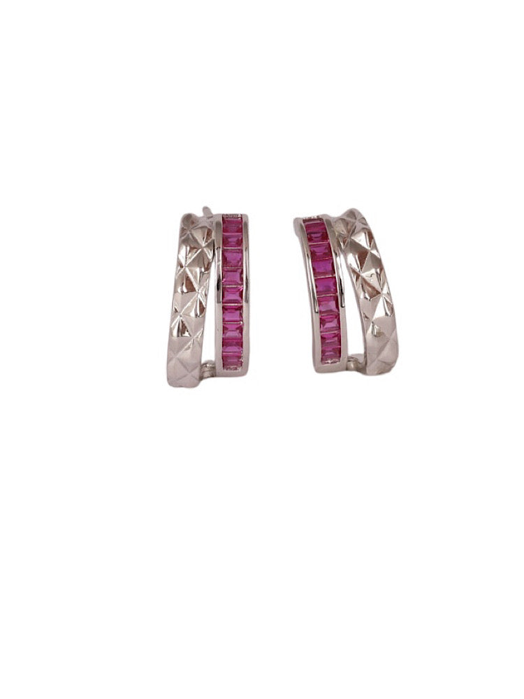 Pink Half Hoop Silver Textured Earrings