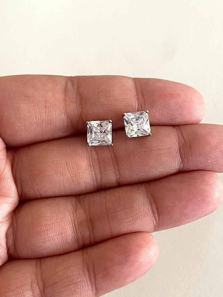 Princess Cut Sterling Silver Solitaire Studs With Screw Back