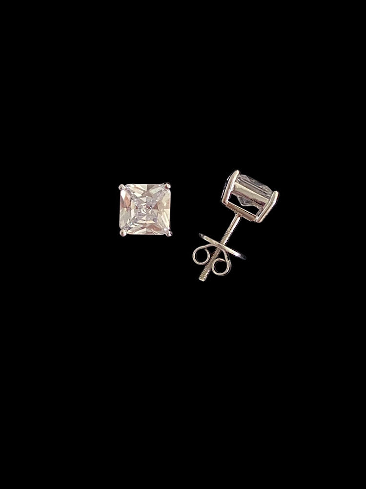 Princess Cut Sterling Silver Solitaire Studs With Screw Back