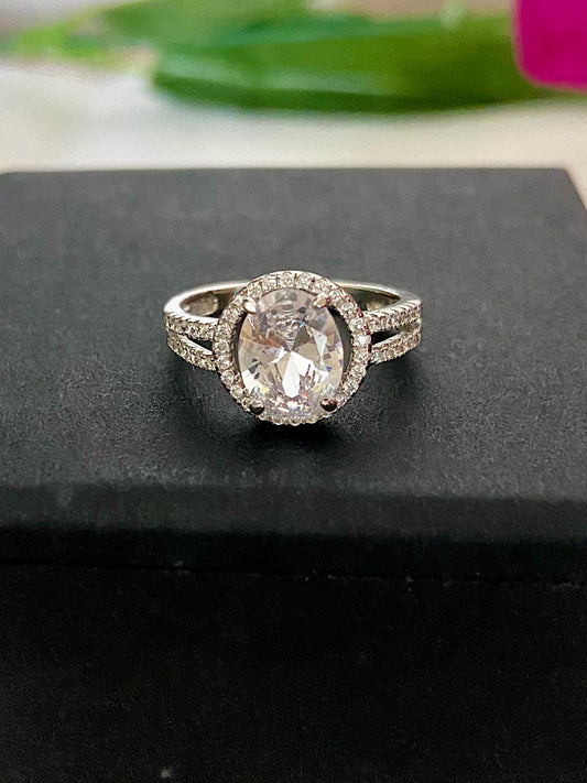 Oval Solitaire Double Line Silver Ring
