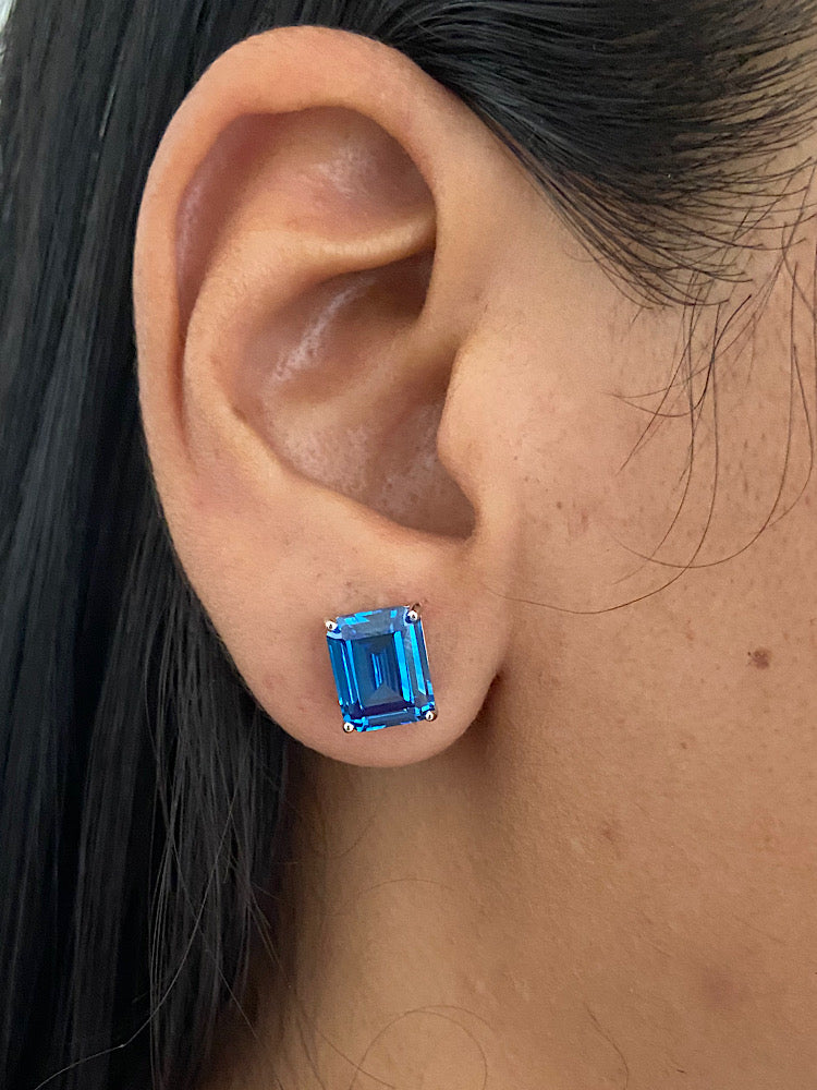 Blue Emerald Stone Sterling Silver Studs Earrings