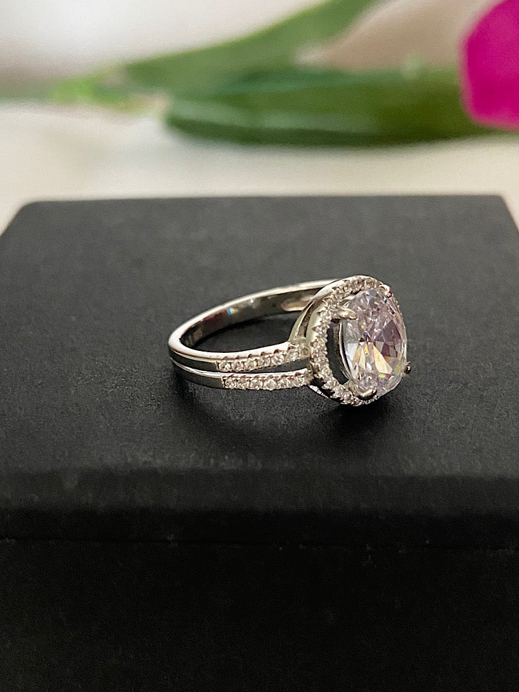 Oval Solitaire Double Line Silver Ring