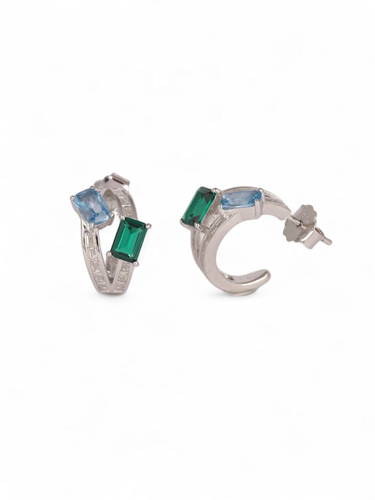 Silver Green & Blue Stone Half Hoop Earrings