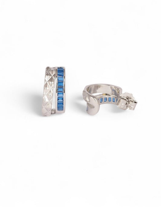 Blue Half Hoop Silver Textured Earrings