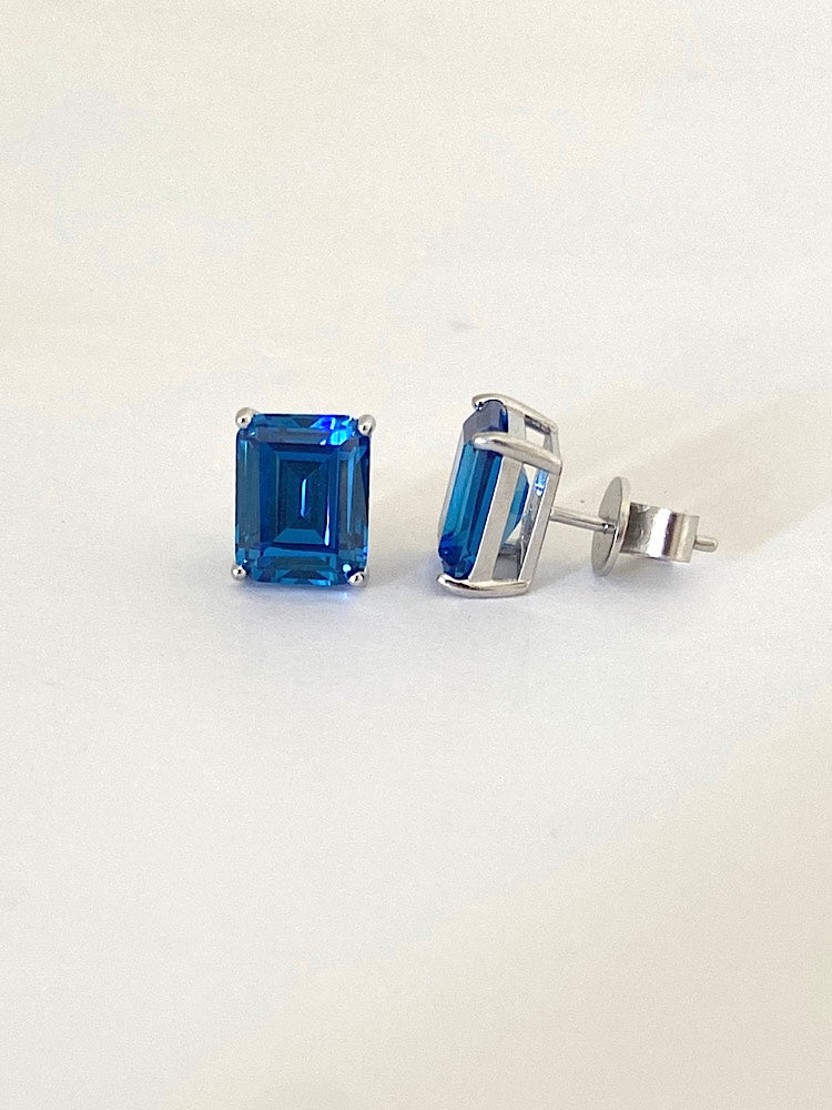 Blue Emerald Stone Sterling Silver Studs Earrings