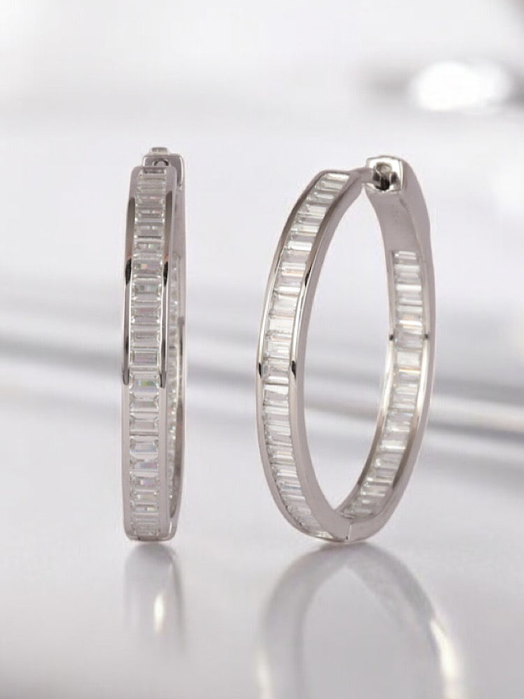 Round Baguette Sterling Silver Hoops Earrings