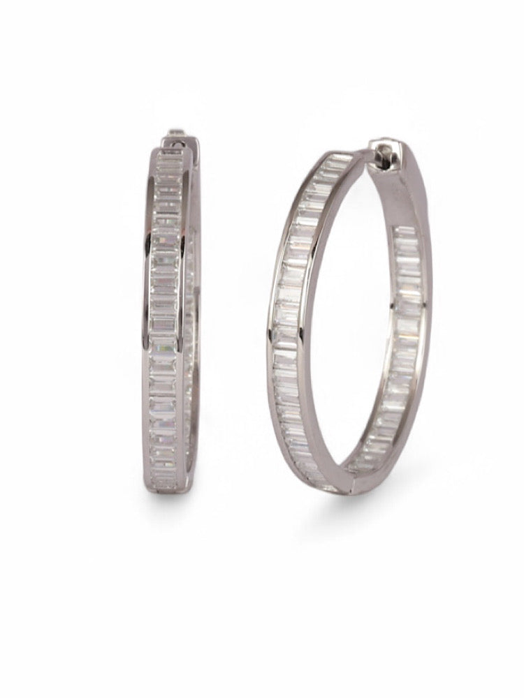 Round Baguette Sterling Silver Hoops Earrings