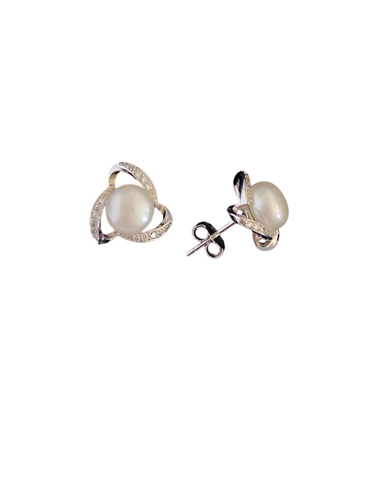 Trillion Pearl Design Sterling Silver Earrings