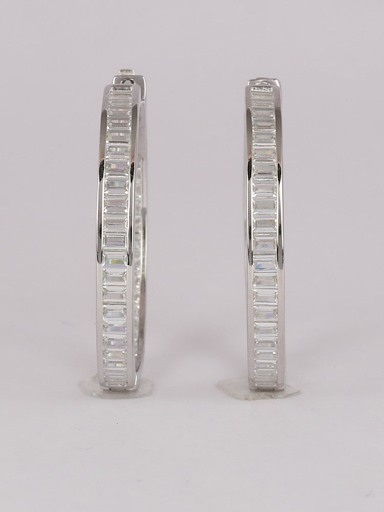 Round Baguette Sterling Silver Hoops Earrings