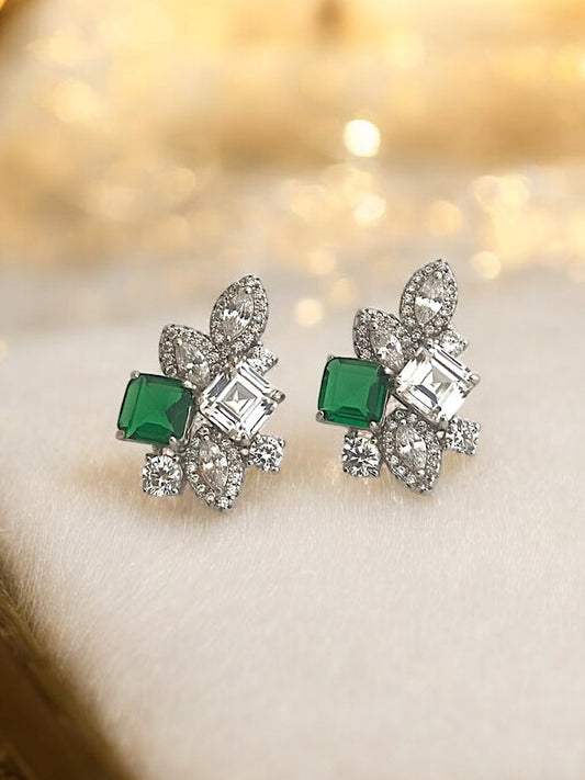 Green & White Sterling Silver Studs Earring
