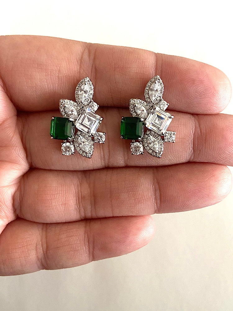 Green & White Sterling Silver Studs Earring