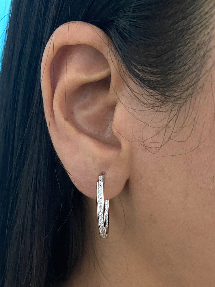 Round Baguette Sterling Silver Hoops Earrings