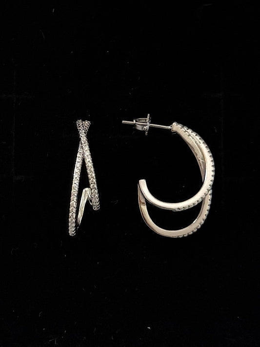 Studded J Shape Hoop Earrings Sterling Silver