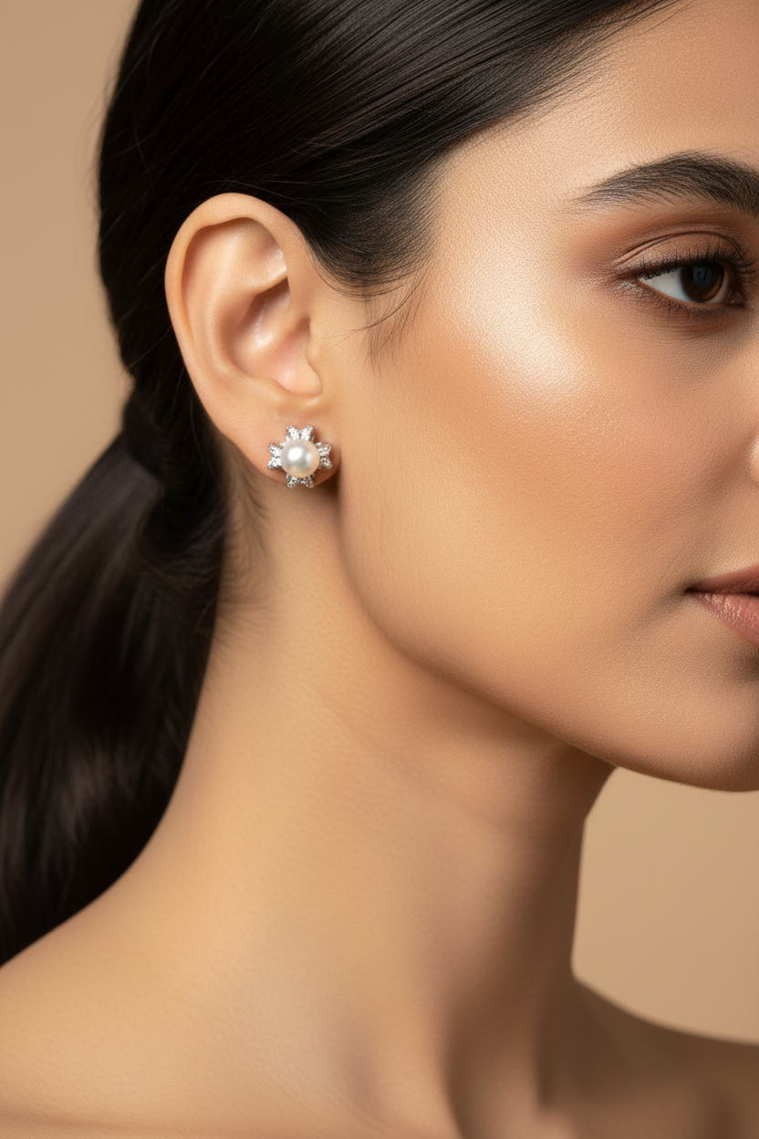 Round Pearl Design Sterling Silver Earrings