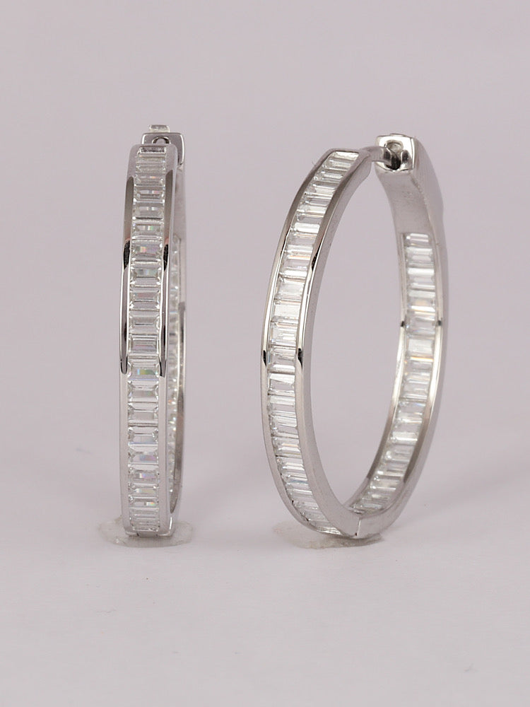 Round Baguette Sterling Silver Hoops Earrings