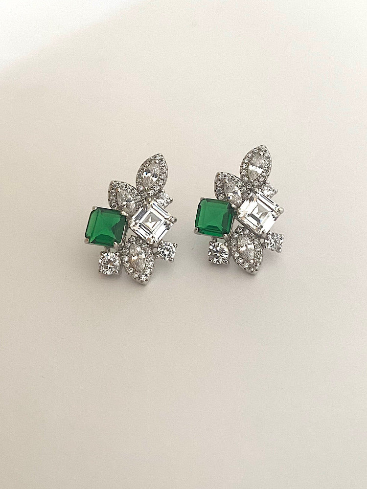 Green & White Sterling Silver Studs Earring