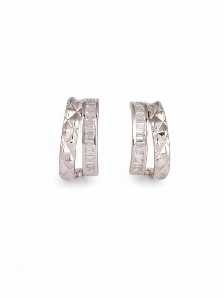 White Half Hoop Silver Textured Earrings