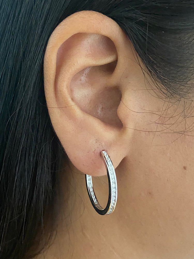 Round Baguette Sterling Silver Hoops Earrings