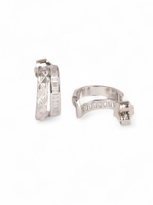 White Half Hoop Silver Textured Earrings