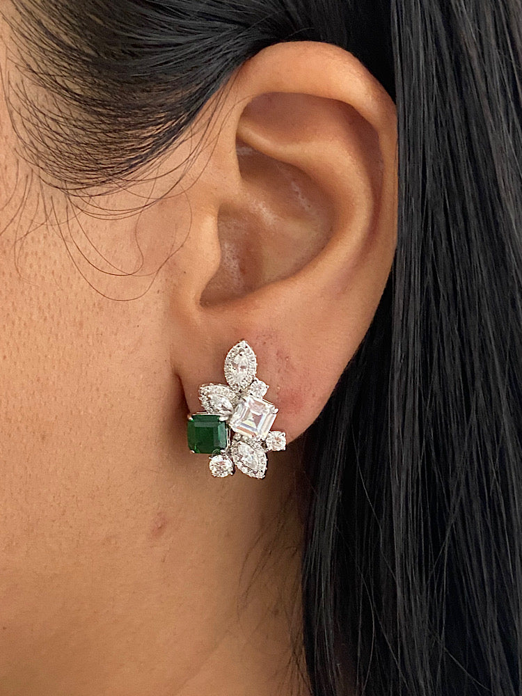 Green & White Sterling Silver Studs Earring