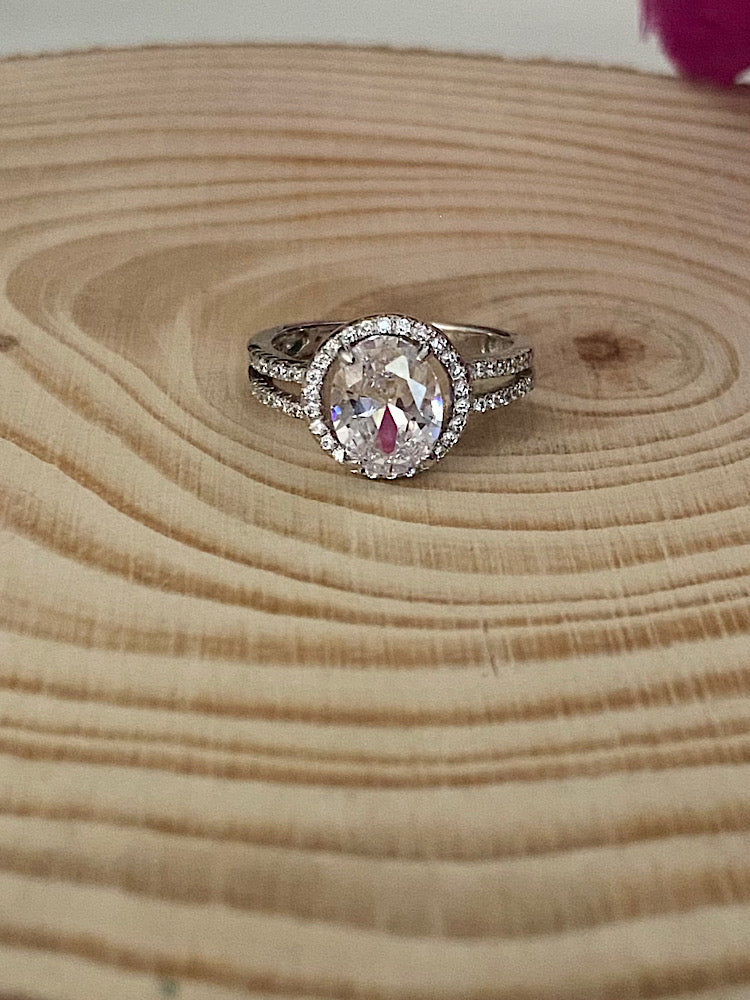 Oval Solitaire Double Line Silver Ring