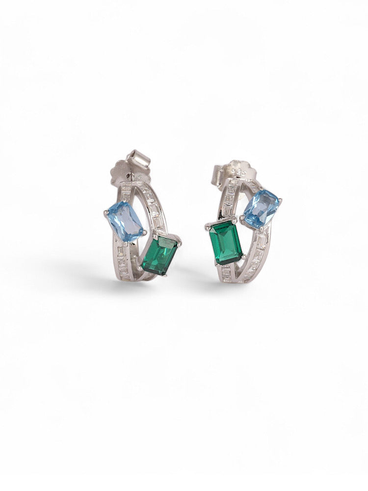 Silver Green & Blue Stone Half Hoop Earrings