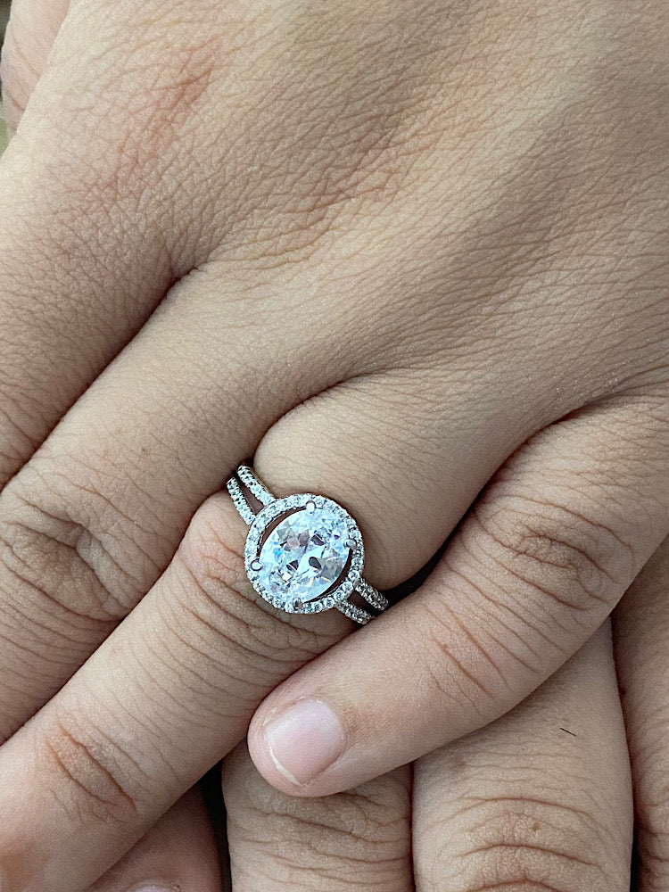 Oval Solitaire Double Line Silver Ring