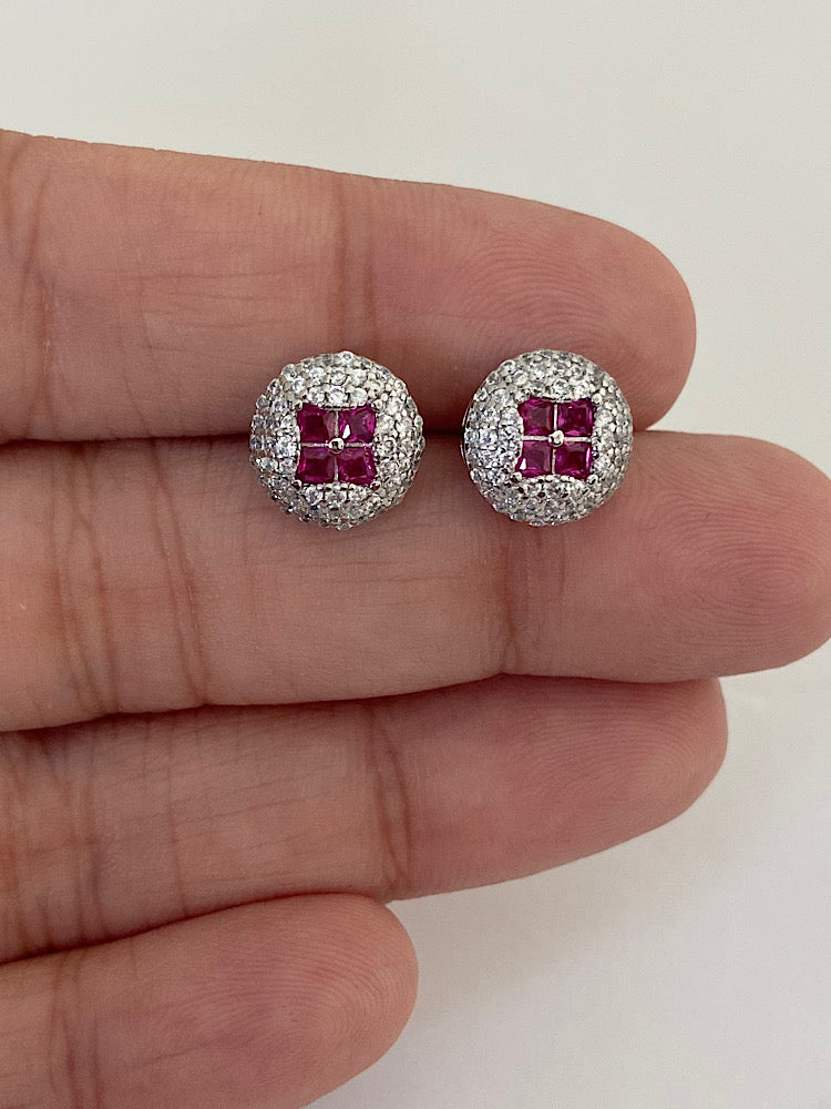 Round Pink Silver Studs Earrings