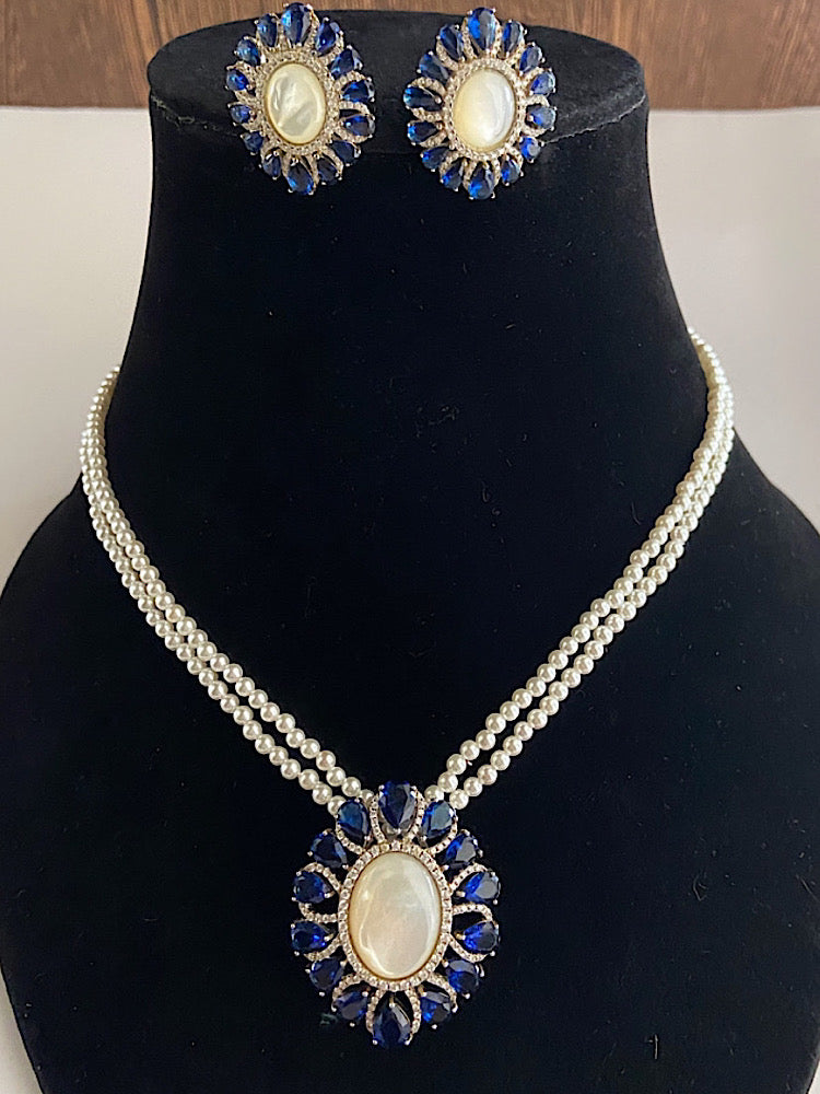 Silver Pendant Set with Blue Stone & Pearl