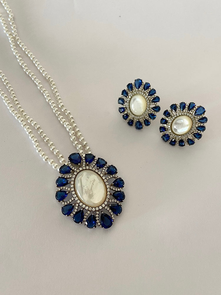 Silver Pendant Set with Blue Stone & Pearl