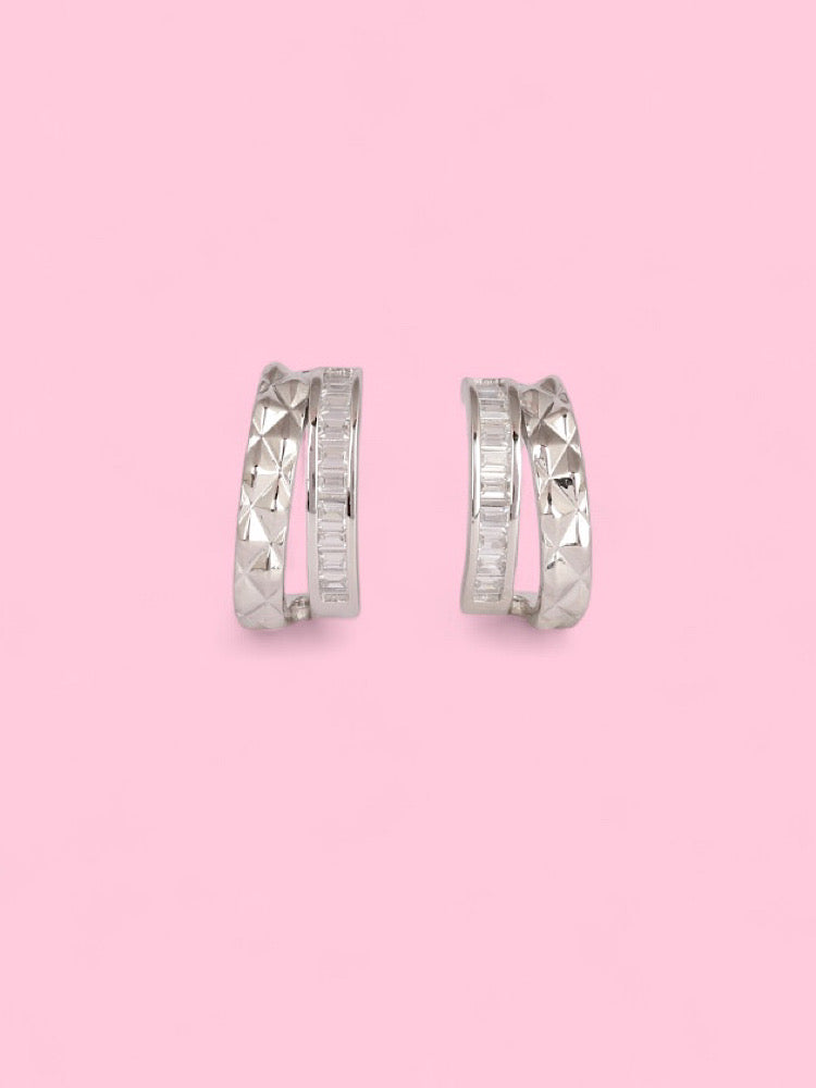 White Half Hoop Silver Textured Earrings