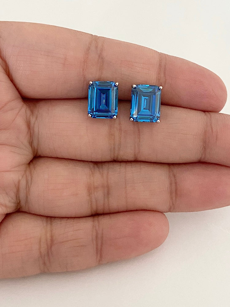 Blue Emerald Stone Sterling Silver Studs Earrings